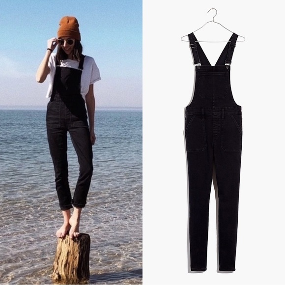 Madewell • Skinny Overalls in Lunar Wash faded black denim stretch side zip - Picture 1 of 12